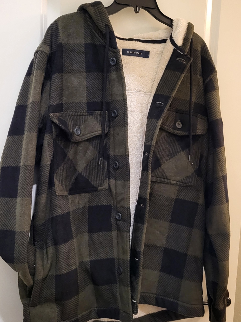 Trinity Olive & Black Hooded Plaid Sherpa-Lined Jacket